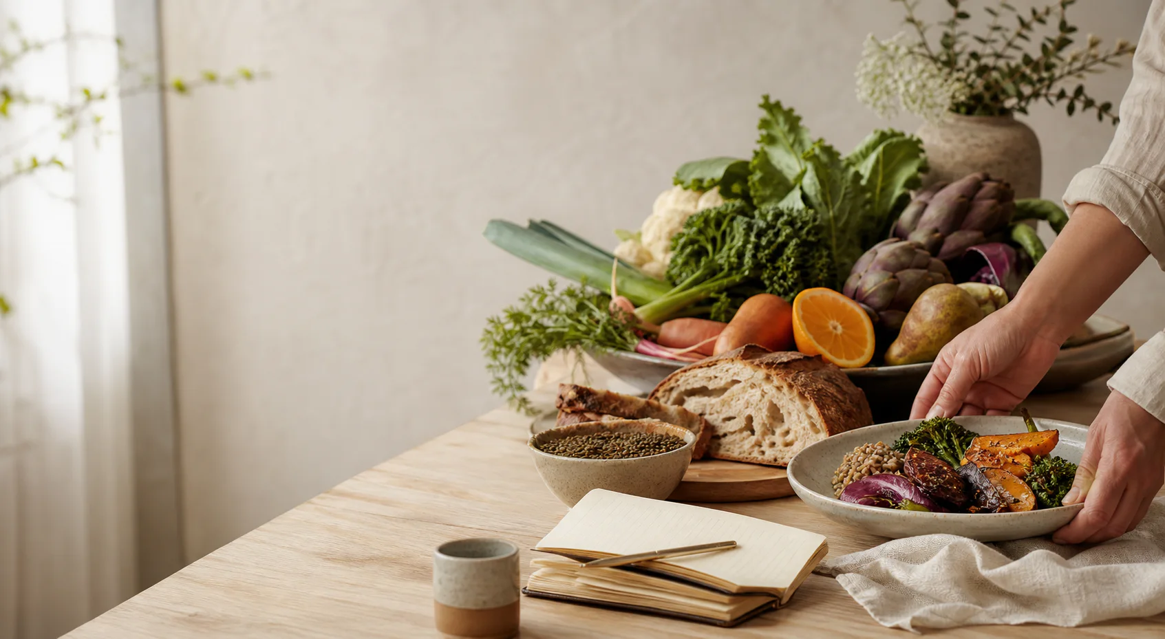 Table lumineuse avec légumes de saison, pain et céréales